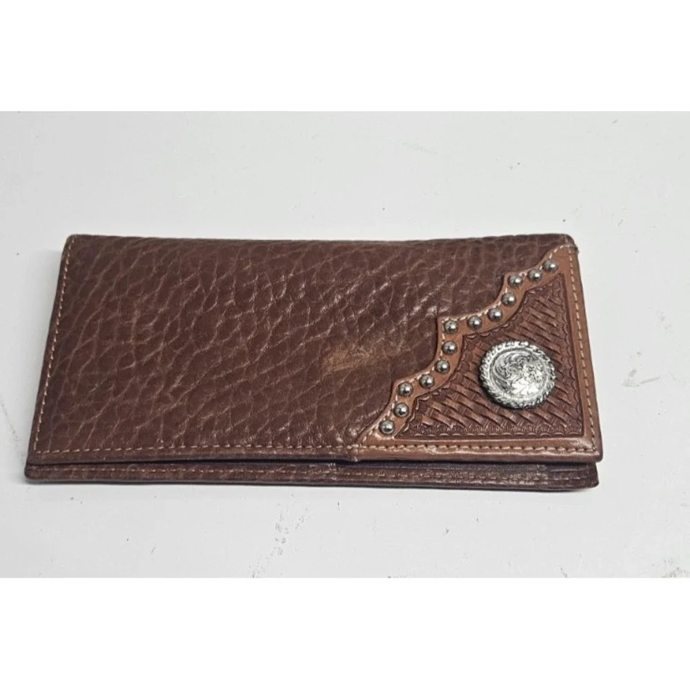 Men's cowboy chrome brown leather rodeo style wallet silver concho